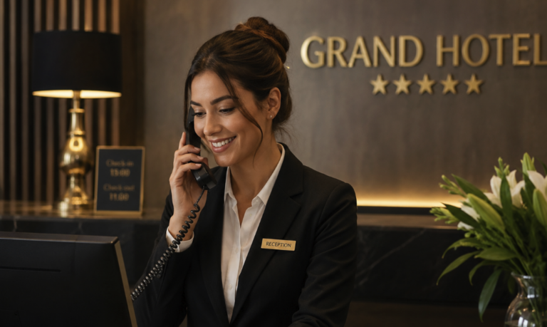 Foto di una receptionist che sta lavorando in hotel e risponde al telefono