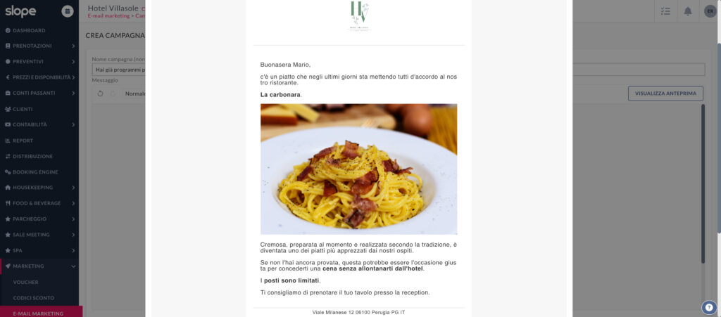 Schermata di una campagna di email marketing creata con Slope in cui si incentiva gli ospiti della struttura a provare il ristorante