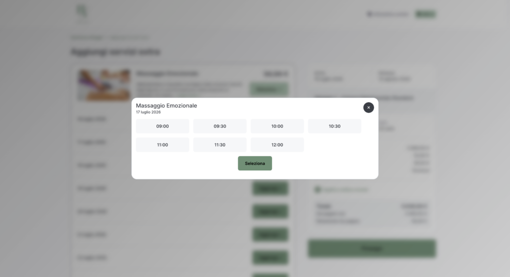 Schermata del booking engine di Slope in cui è possibile effettuare la prenotazione oraria di un trattamento