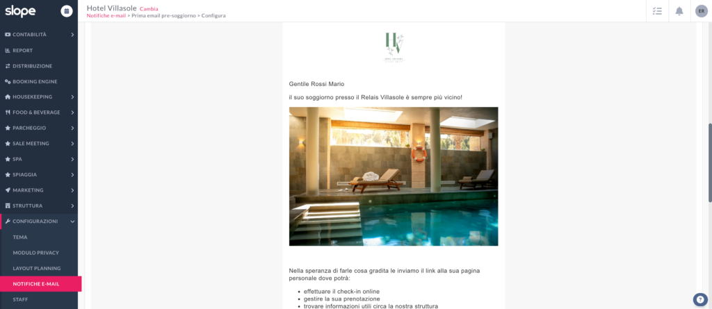 Schermata Email Pre-Soggiorno di un customer journey presa dal backoffice Slope