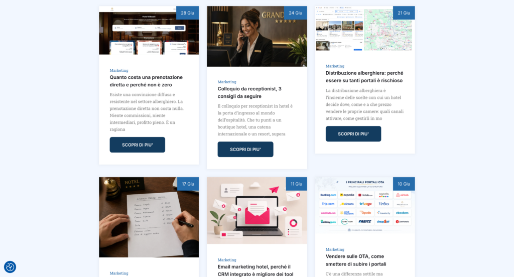 Screenshot della pagina del blog Ospitalità 4.0 con una griglia di articoli dedicati a marketing e distribuzione alberghiera, tra cui prenotazioni dirette, colloqui per receptionist, portali OTA, listini prezzi ed email marketing.